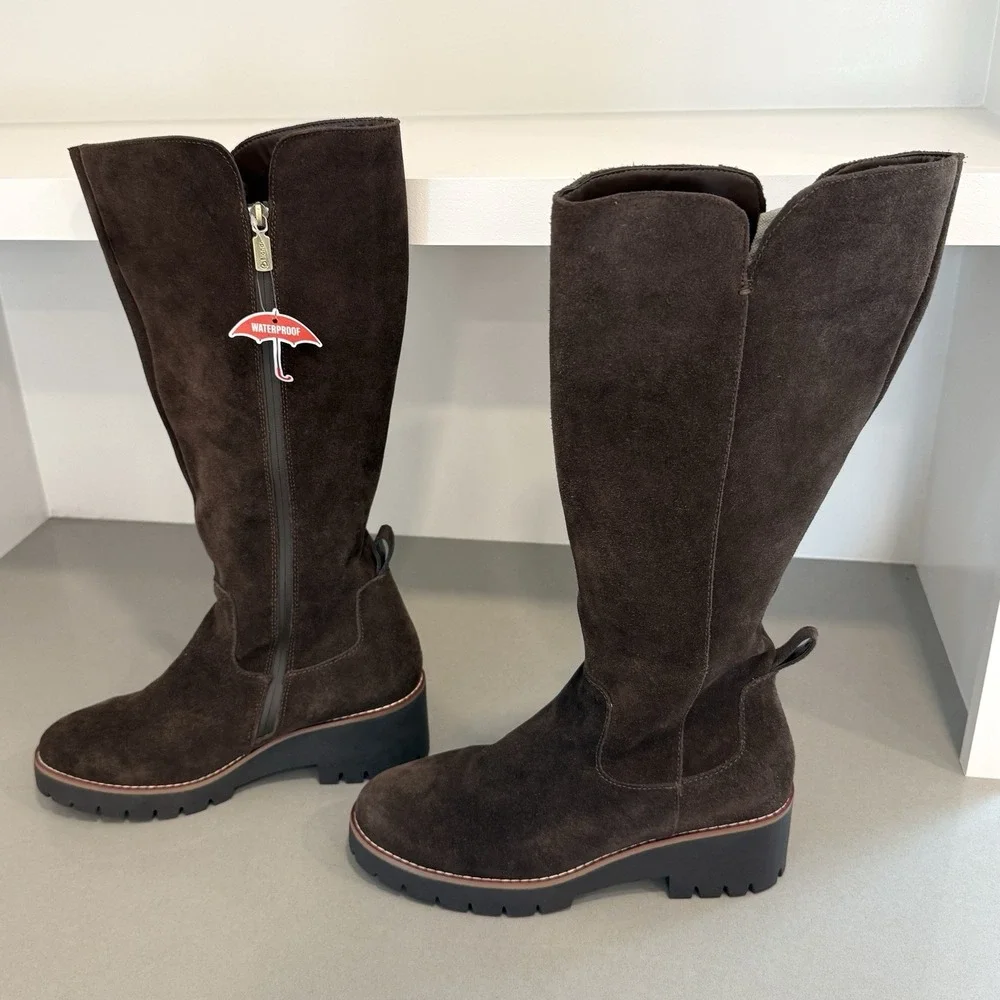 Blondo Deon Waterproof Boots Womens 9 Chocolate Brown Cow Suede Knee High Chunky